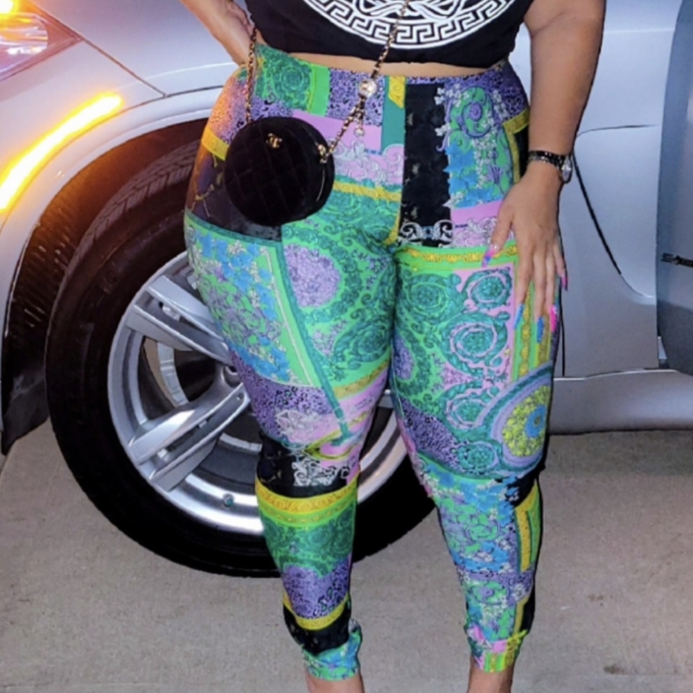 Versace Green and Purple Patterned Women's Pants